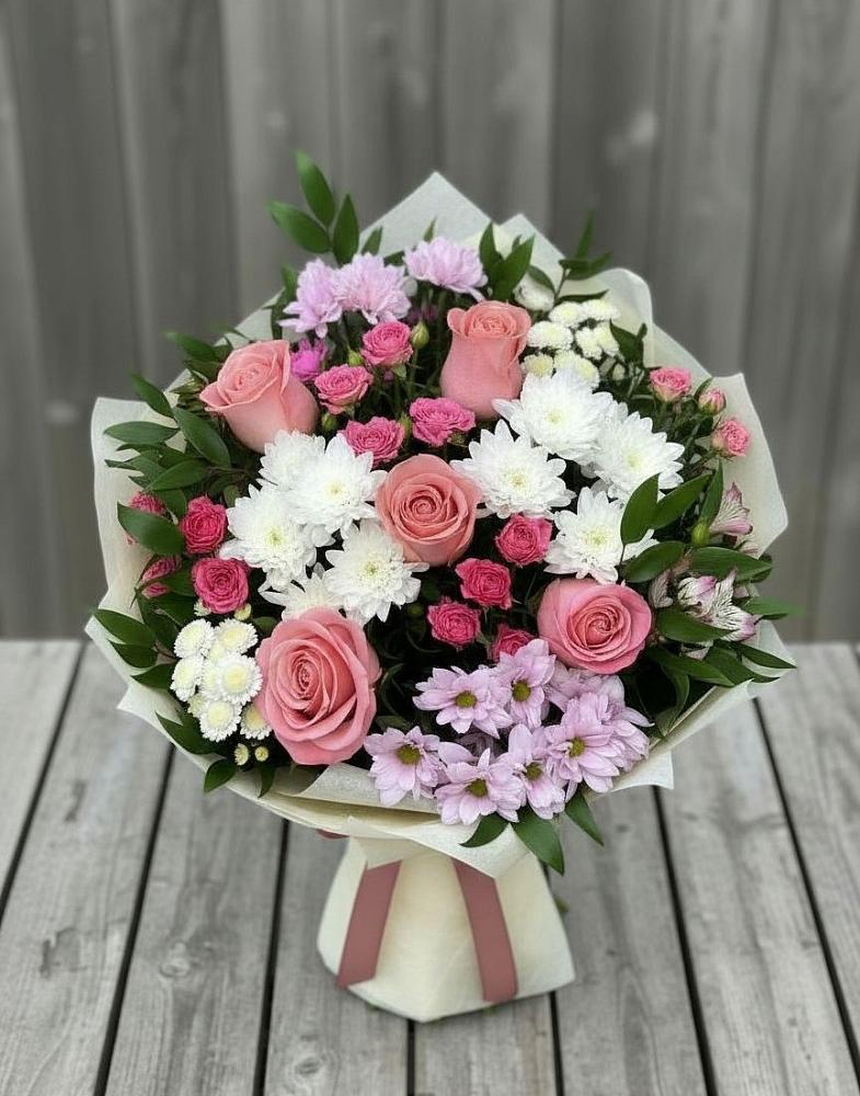 Букет цветов из: Альстромерии, Гвоздики, Розы и Хризантемы в Мельниково