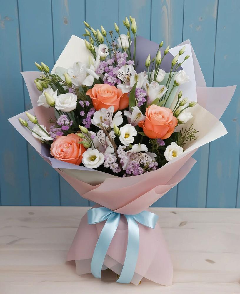 Букет цветов из: Лизиантусы, Розы, Альстромерии и Гипсофила в Мельниково