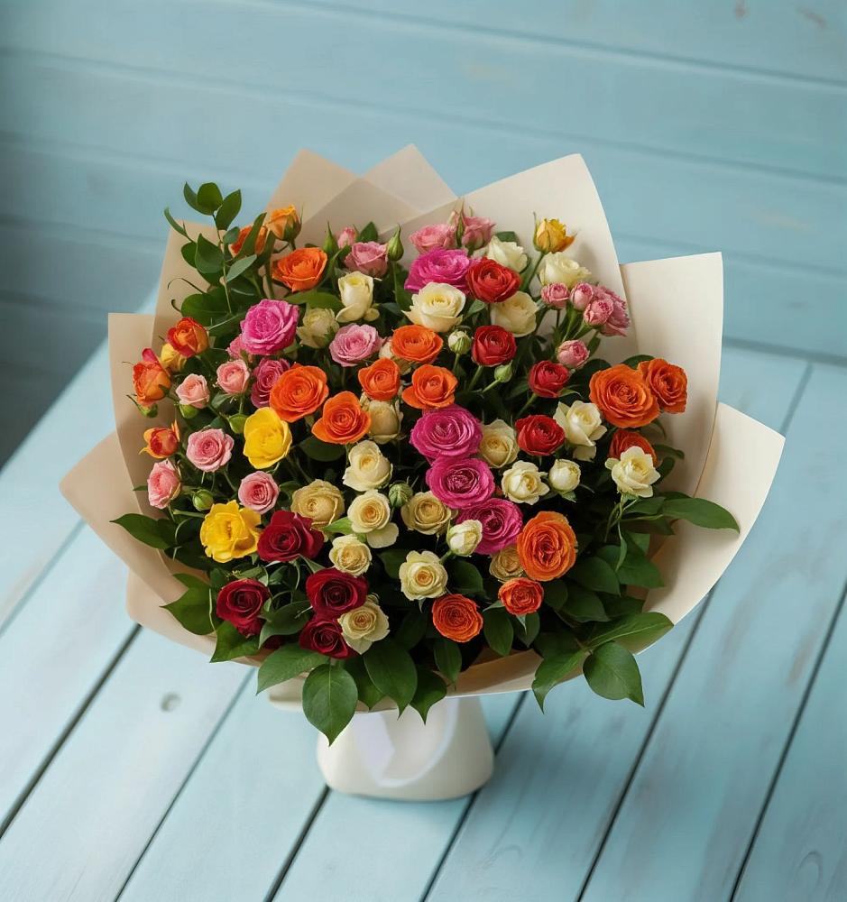 Букет Микс из разноцветных кустовых роз в Мельниково