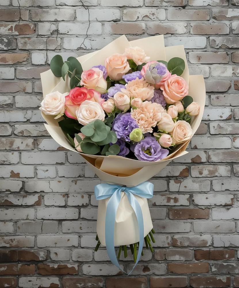 Букет цветов из: Розы, Лизиантусы и Гвоздики в Мельниково