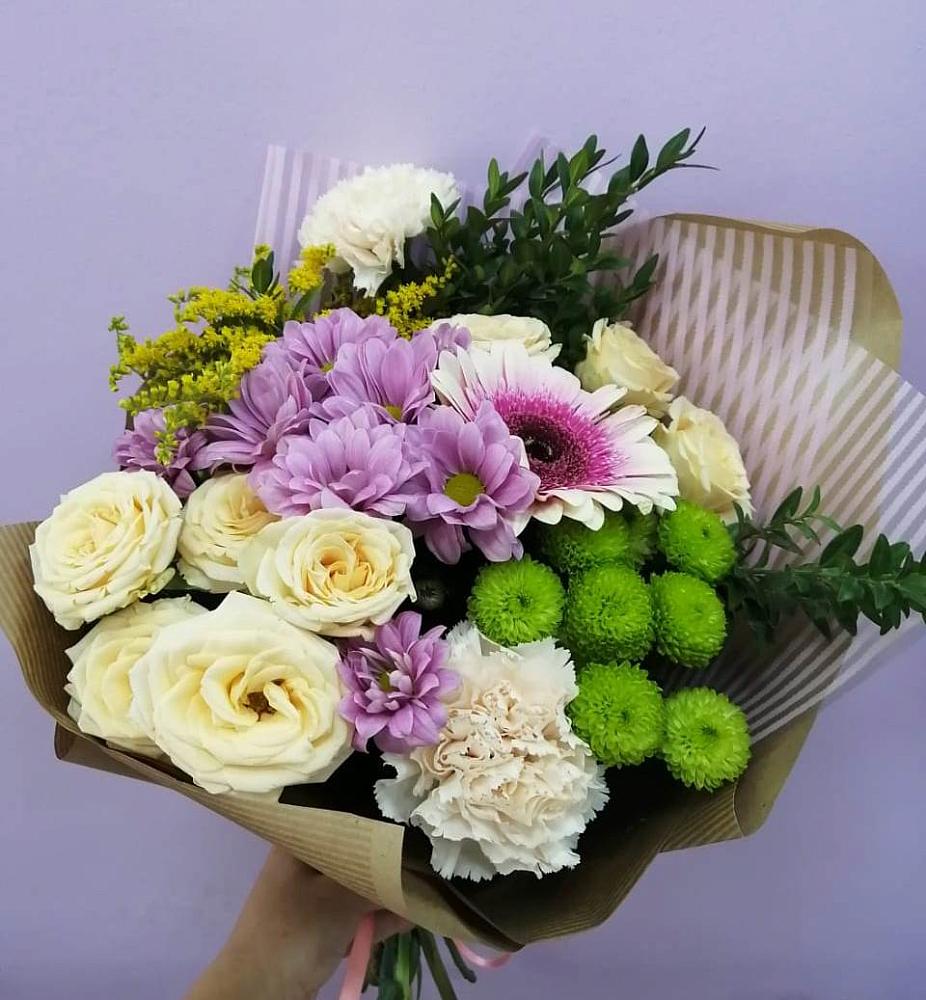 Букет цветов из: Хризантемы, Розы, Гвоздики и Герберы в Мельниково