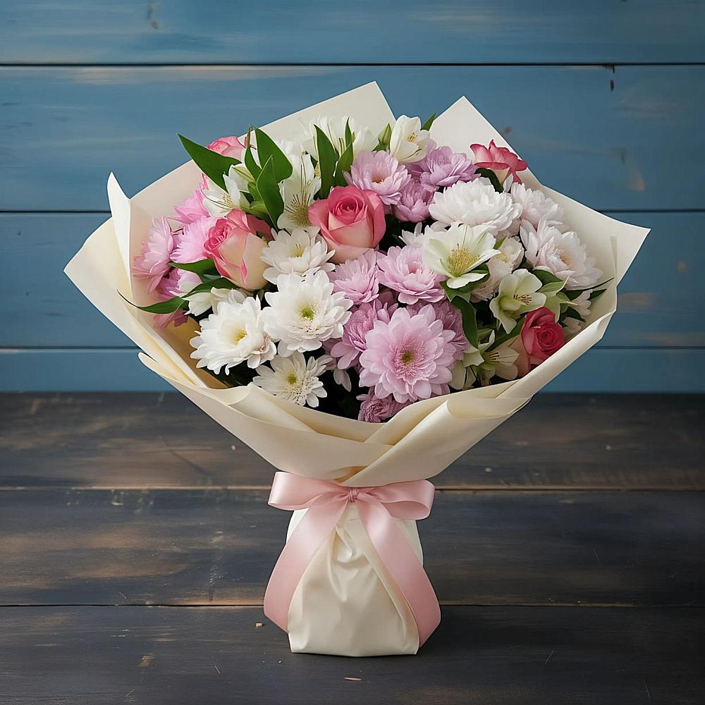 Букет цветов из: Хризантемы, Альстромерии и Розы в Мельниково